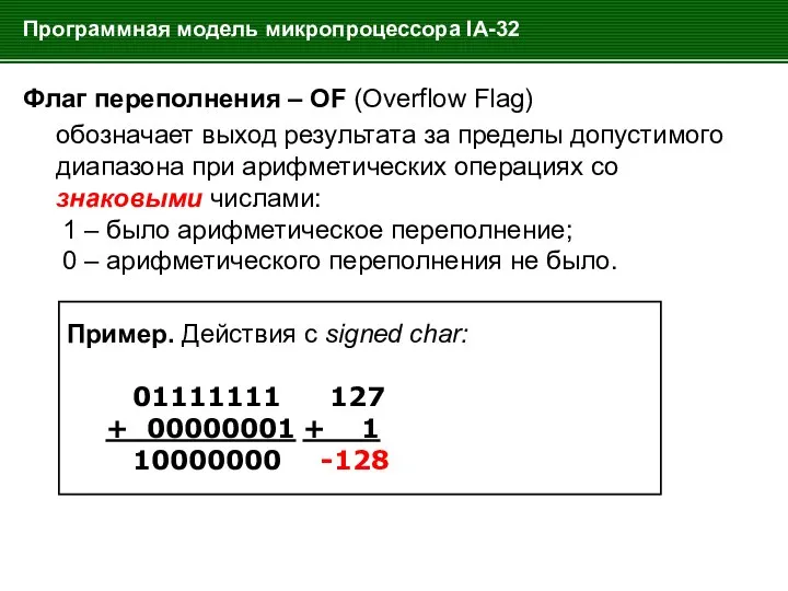 Программная модель микропроцессора IA-32 Флаг переполнения – OF (Overflow Flag) обозначает
