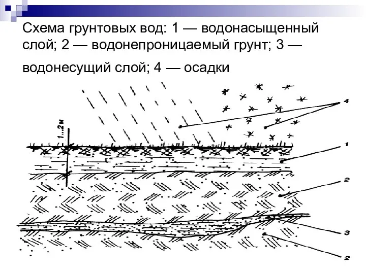 Схема грунтовых вод: 1 — водонасыщенный слой; 2 — водонепроницаемый грунт;