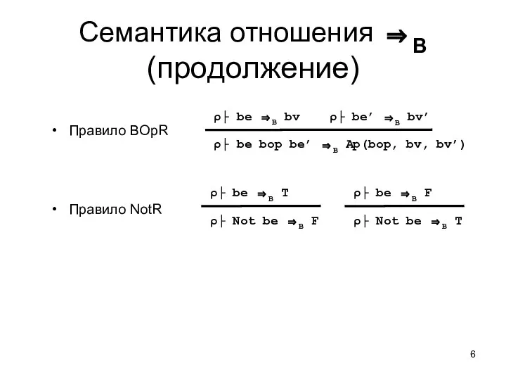 Семантика отношения ⇒B (продолжение) Правило BOpR Правило NotR ρ├ be ⇒B