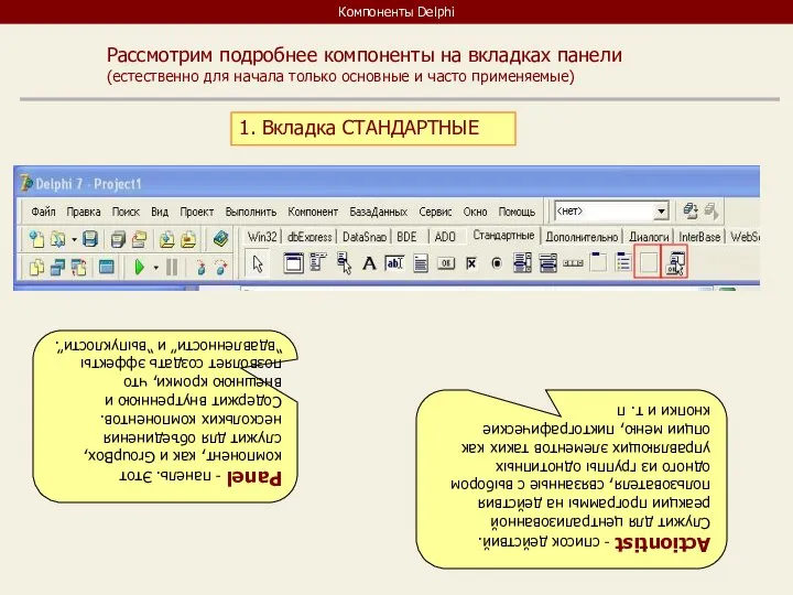 Компоненты Delphi Рассмотрим подробнее компоненты на вкладках панели (естественно для начала