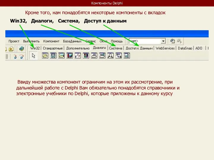 Компоненты Delphi Кроме того, нам понадобятся некоторые компоненты с вкладок Win32,