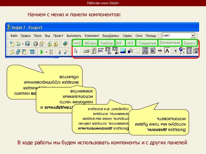 Рабочее окно Delphi Панель компонентов нашего приложения, содержащая вкладки сгруппированных объектов