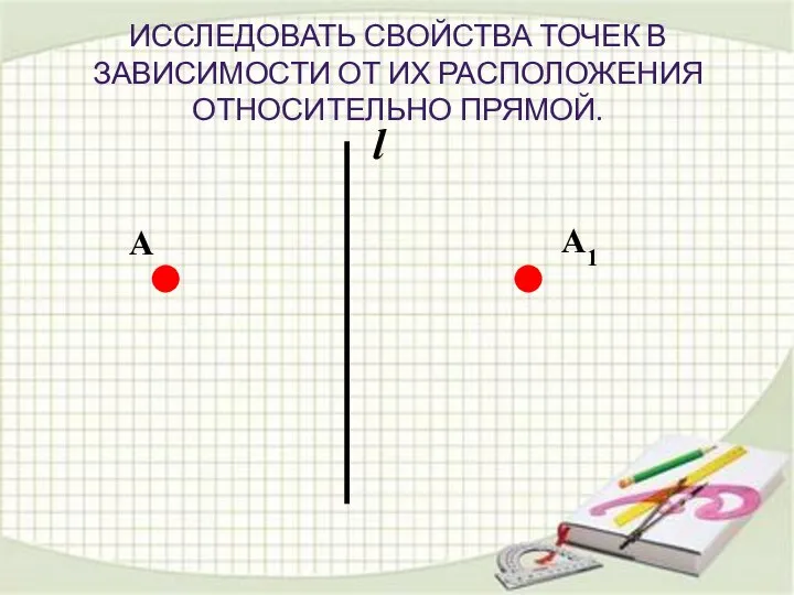 ИССЛЕДОВАТЬ СВОЙСТВА ТОЧЕК В ЗАВИСИМОСТИ ОТ ИХ РАСПОЛОЖЕНИЯ ОТНОСИТЕЛЬНО ПРЯМОЙ. А А1 l