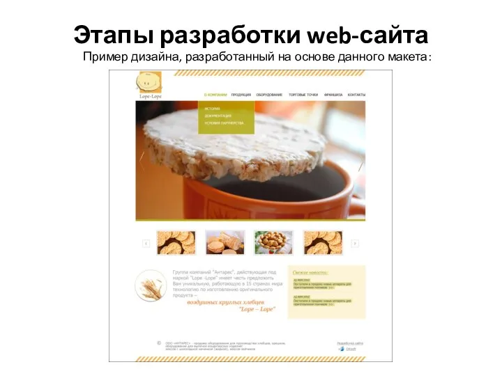 Этапы разработки web-сайта Пример дизайна, разработанный на основе данного макета: