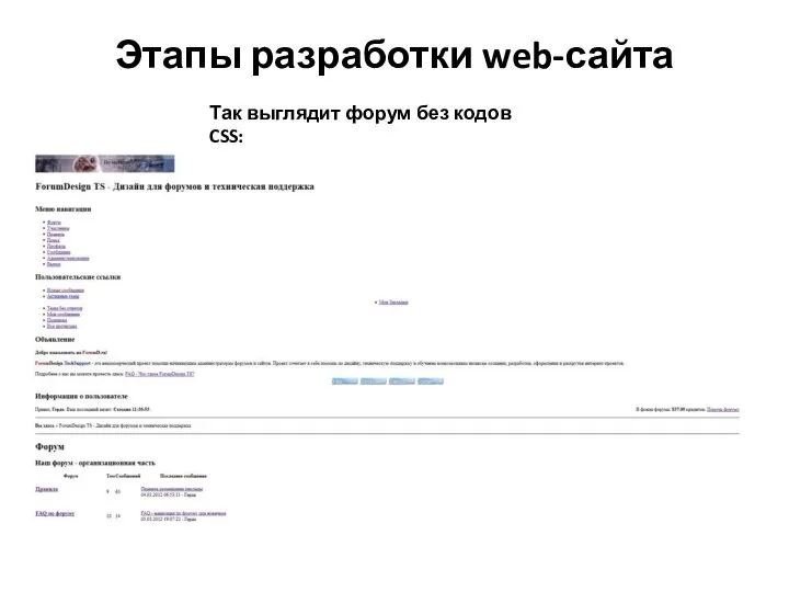 Этапы разработки web-сайта Так выглядит форум без кодов CSS: