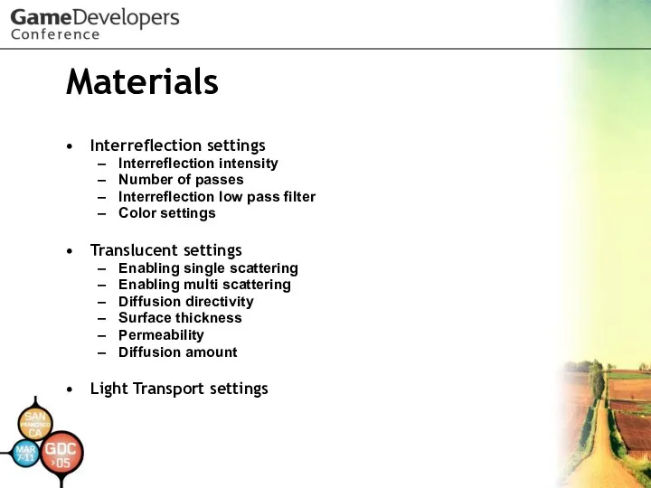 Materials Interreflection settings Interreflection intensity Number of passes Interreflection low pass