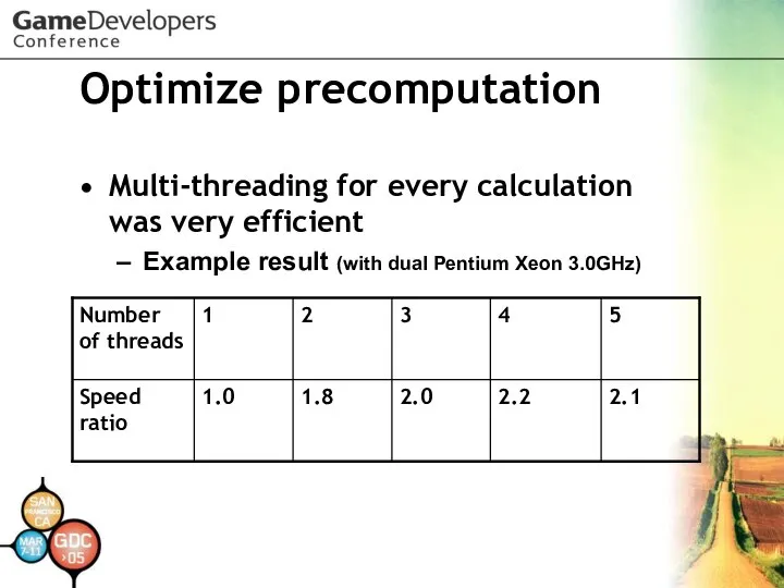 Optimize precomputation Multi-threading for every calculation was very efficient Example result (with dual Pentium Xeon 3.0GHz)