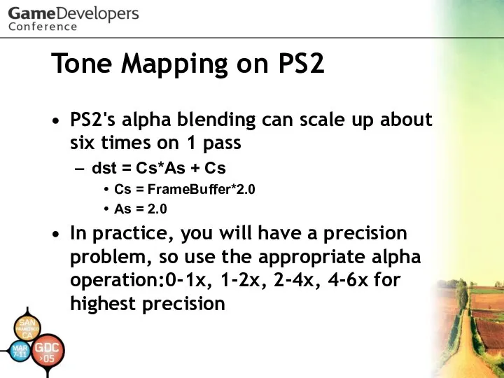 Tone Mapping on PS2 PS2's alpha blending can scale up about