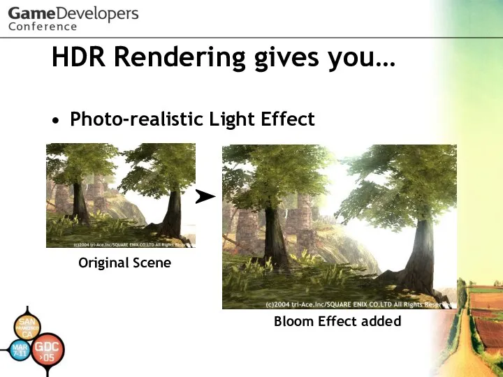 HDR Rendering gives you… Photo-realistic Light Effect Original Scene Bloom Effect added