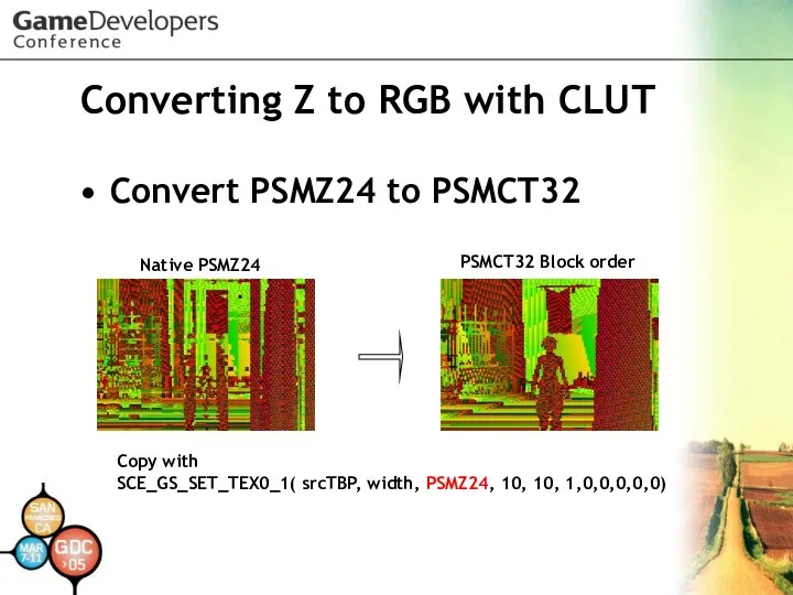 Converting Z to RGB with CLUT Convert PSMZ24 to PSMCT32 Native