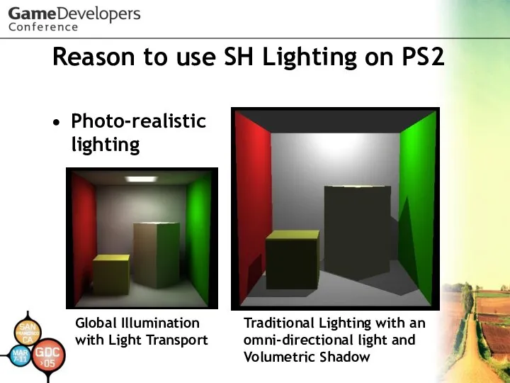 Reason to use SH Lighting on PS2 Photo-realistic lighting Global Illumination