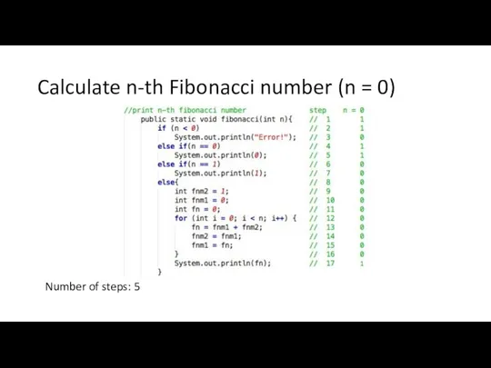 Calculate n-th Fibonacci number (n = 0) Number of steps: 5