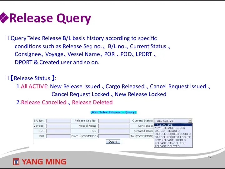 Release Query Query Telex Release B/L basis history according to specific
