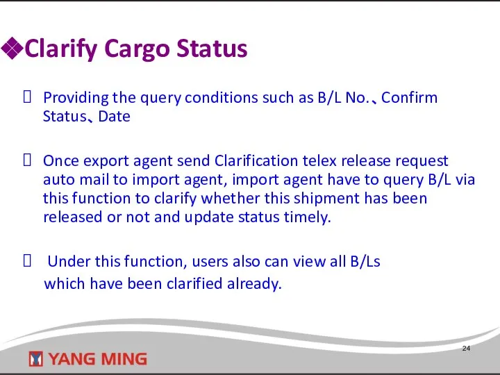 Clarify Cargo Status Providing the query conditions such as B/L No.、Confirm