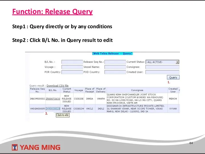 Function: Release Query Step1 : Query directly or by any conditions