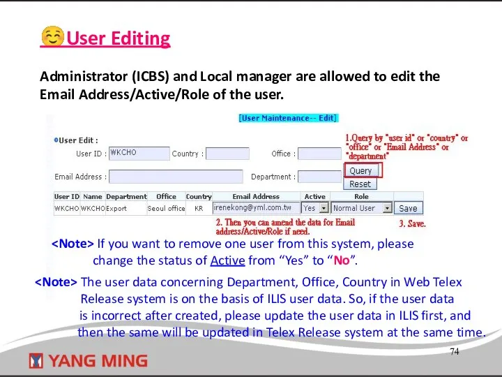 ☺User Editing Administrator (ICBS) and Local manager are allowed to edit