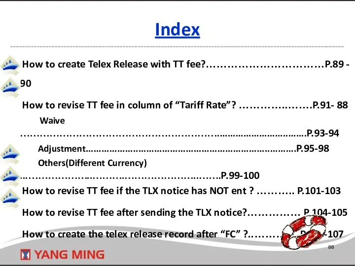 How to create Telex Release with TT fee?……………………………P.89 - 90 How