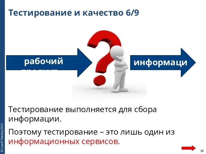 Тестирование и качество 6/9 Тестирование выполняется для сбора информации. Поэтому тестирование