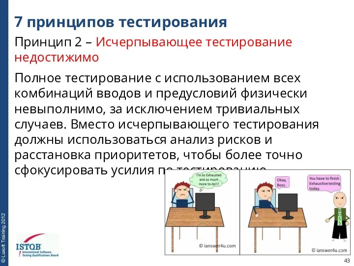 7 принципов тестирования Принцип 2 – Исчерпывающее тестирование недостижимо Полное тестирование