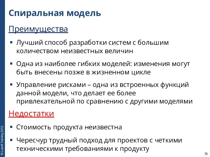 Спиральная модель Преимущества Лучший способ разработки систем с большим количеством неизвестных