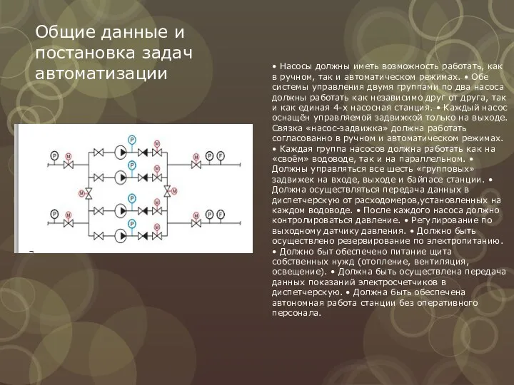 Общие данные и постановка задач автоматизации • Насосы должны иметь возможность