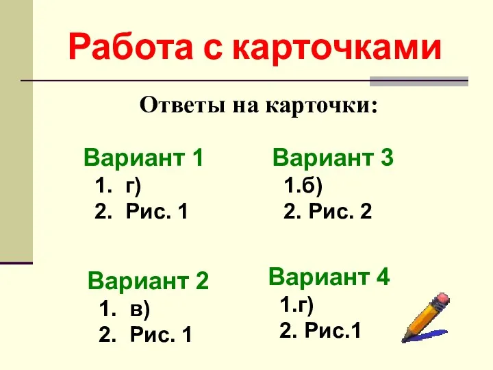 Работа с карточками Ответы на карточки: Вариант 1 1. г) 2.