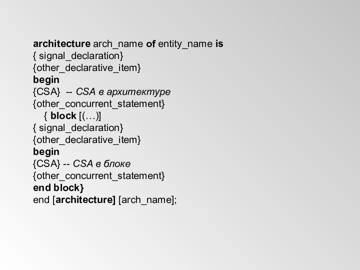 architecture arch_name of entity_name is { signal_declaration} {other_declarative_item} begin {CSA} --