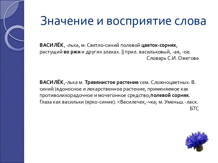 Значение и восприятие слова ВАСИЛЁК, -лька, м. Светло-синий полевой цветок-сорняк, растущий