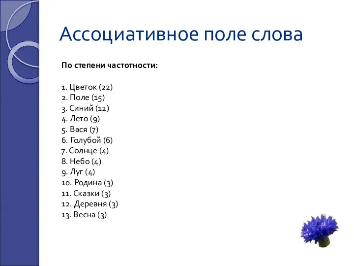 Ассоциативное поле слова По степени частотности: 1. Цветок (22) 2. Поле