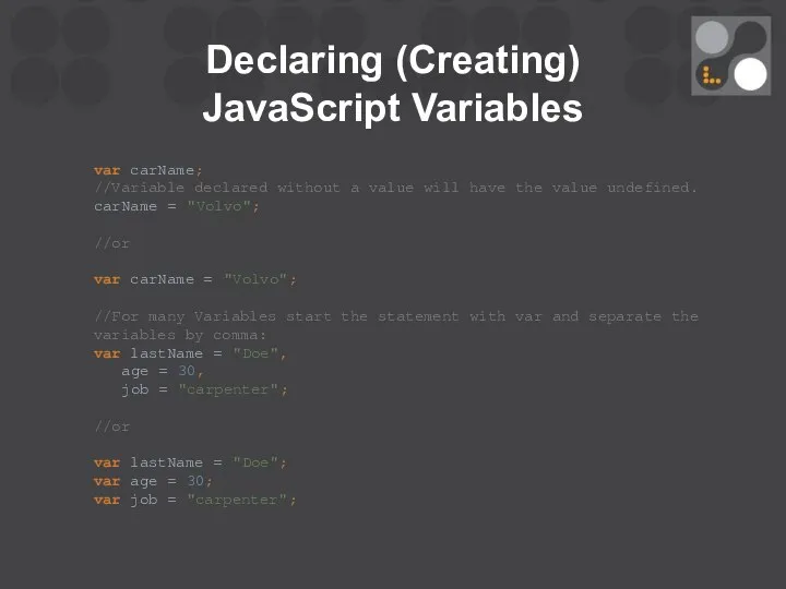 Declaring (Creating) JavaScript Variables var carName; //Variable declared without a value