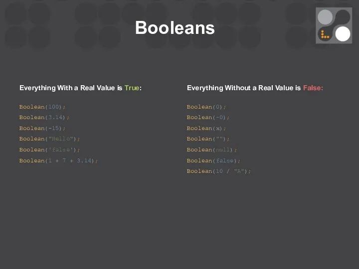 Booleans Everything With a Real Value is True: Boolean(100); Boolean(3.14); Boolean(-15);