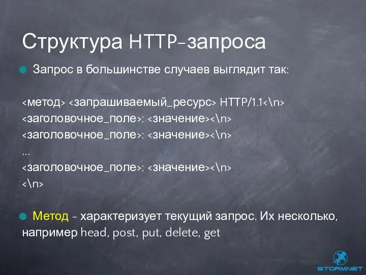 Запрос в большинстве случаев выглядит так: HTTP/1.1 : : ... :