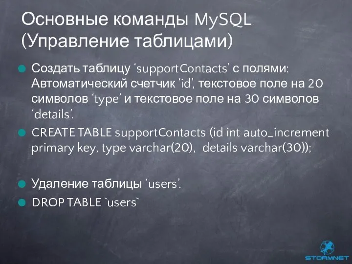 Создать таблицу ‘supportContacts’ с полями: Автоматический счетчик ‘id’, текстовое поле на