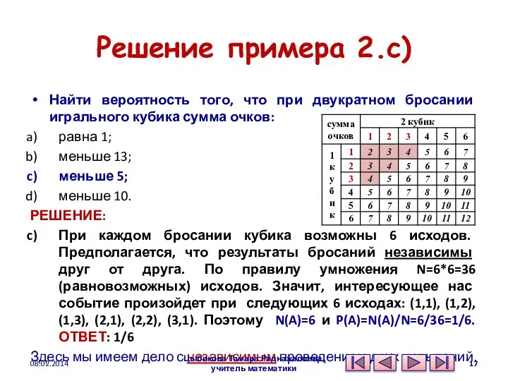 Решение примера 2.c) Найти вероятность того, что при двукратном бросании игрального