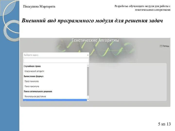 Внешний вид программного модуля для решения задач Разработка обучающего модуля для