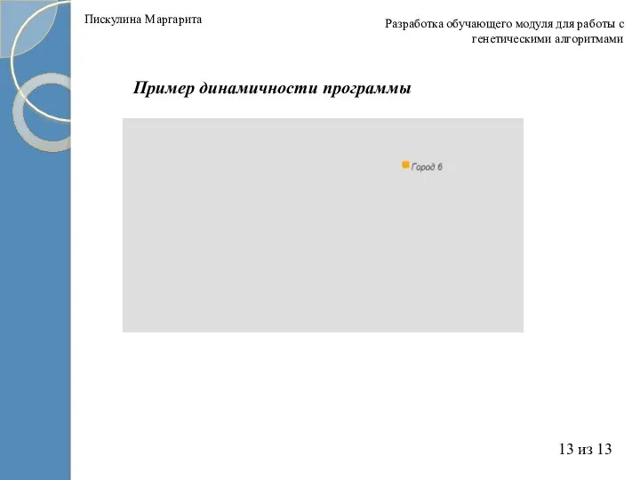 Разработка обучающего модуля для работы с генетическими алгоритмами Пискулина Маргарита 13 из 13 Пример динамичности программы