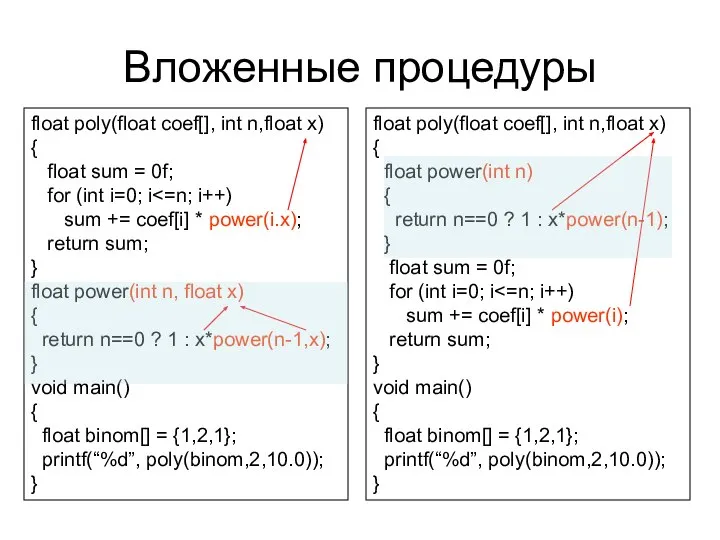 Вложенные процедуры float poly(float coef[], int n,float x) { float sum