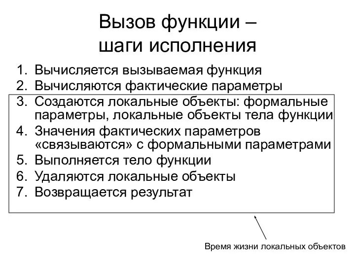 Вызов функции – шаги исполнения Вычисляется вызываемая функция Вычисляются фактические параметры