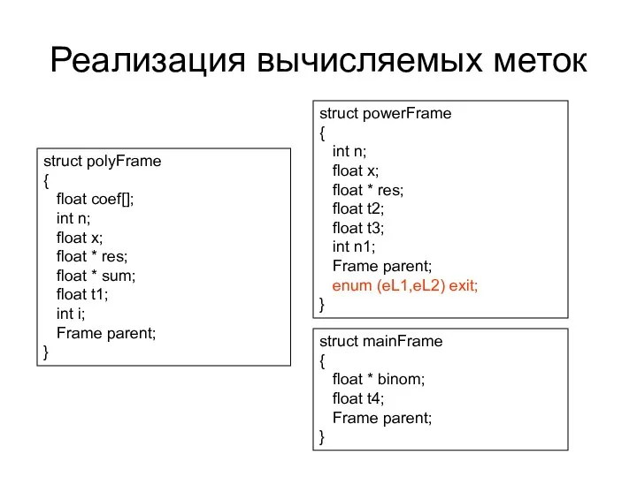 Реализация вычисляемых меток struct polyFrame { float coef[]; int n; float