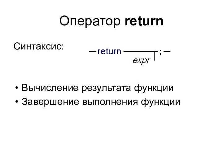 Оператор return Синтаксис: Вычисление результата функции Завершение выполнения функции