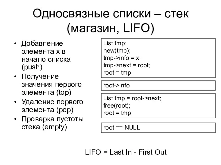 Односвязные списки – стек (магазин, LIFO) Добавление элемента x в начало