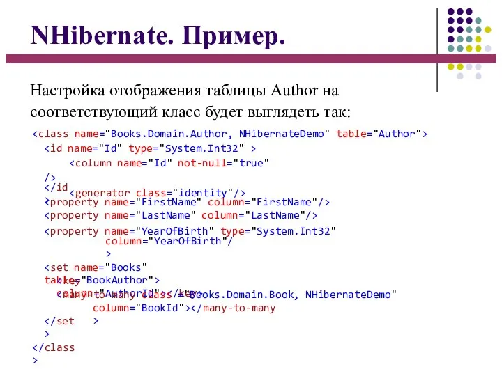 NHibernate. Пример. Настройка отображения таблицы Author на соответствующий класс будет выглядеть так: column="YearOfBirth"/> column="BookId">