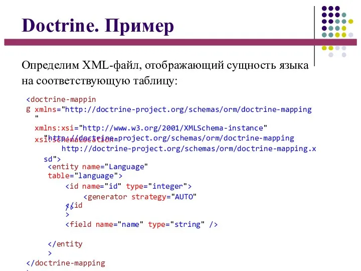 Doctrine. Пример Определим XML-файл, отображающий сущность языка на соответствующую таблицу: xmlns="http://doctrine-project.org/schemas/orm/doctrine-mapping" xmlns:xsi="http://www.w3.org/2001/XMLSchema-instance" xsi:schemaLocation= "http://doctrine-project.org/schemas/orm/doctrine-mapping http://doctrine-project.org/schemas/orm/doctrine-mapping.xsd">