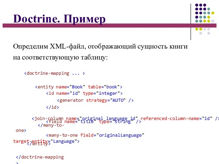 Doctrine. Пример Определим XML-файл, отображающий сущность книги на соответствующую таблицу: