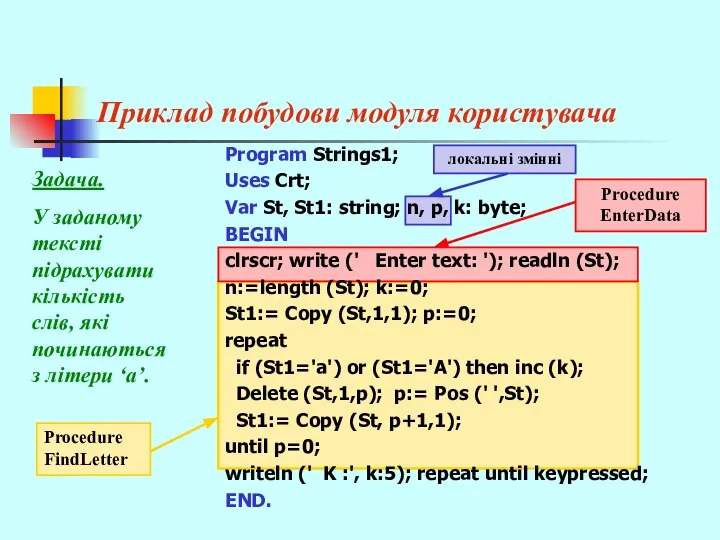 Приклад побудови модуля користувача Program Strings1; Uses Crt; Var St, St1: