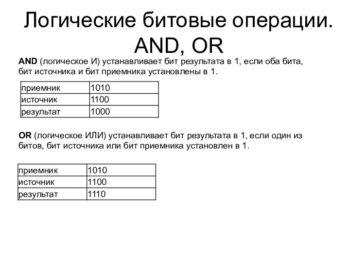 Логические битовые операции. AND, OR AND (логическое И) устанавливает бит результата