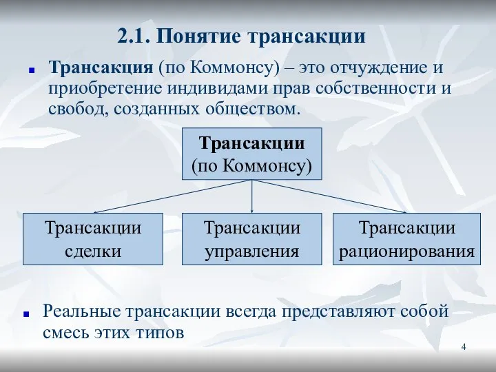 2.1. Понятие трансакции Трансакция (по Коммонсу) – это отчуждение и приобретение