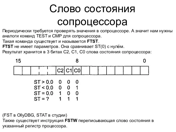 Слово состояния сопроцессора Периодически требуется проверять значения в сопроцессоре. А значит