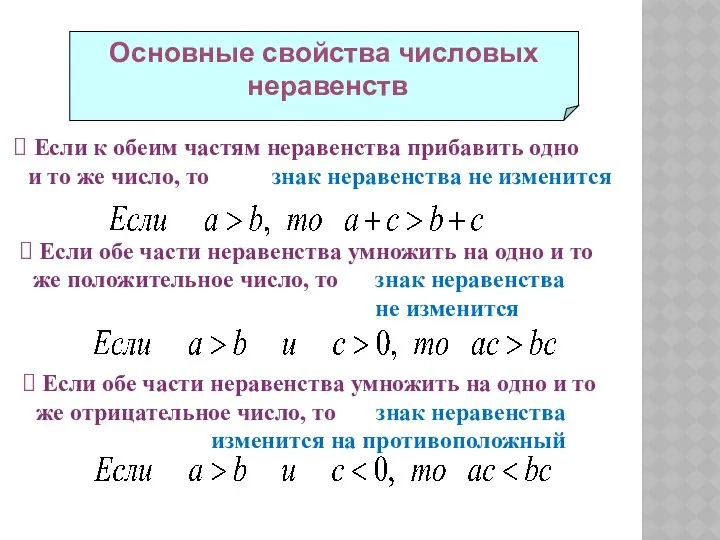 Основные свойства числовых неравенств Если к обеим частям неравенства прибавить одно