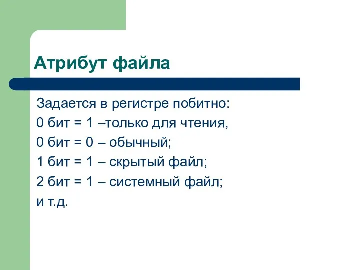 Атрибут файла Задается в регистре побитно: 0 бит = 1 –только